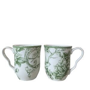 222 Fifth Adelaide Moss Green Mugs 12oz Set of 2 Ceramic Green Floral Birds NEW